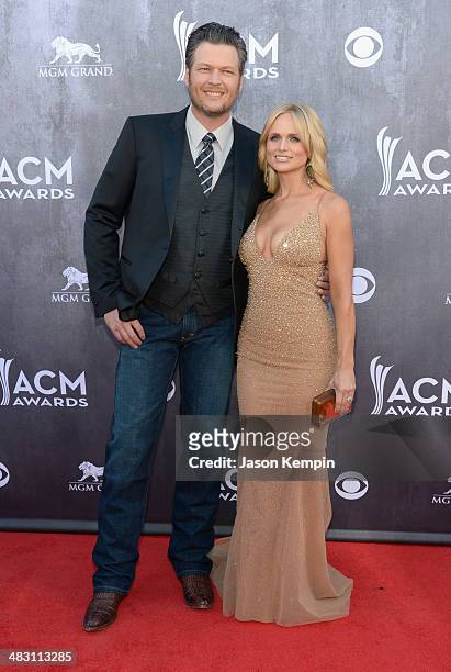 Co-host Blake Shelton and recording artist Miranda Lambert attend the 49th Annual Academy Of Country Music Awards at the MGM Grand Garden Arena on...