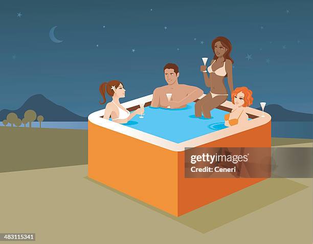 junger mann sitzt in der hot tub mit drei frauen - whirlpool stock-grafiken, -clipart, -cartoons und -symbole