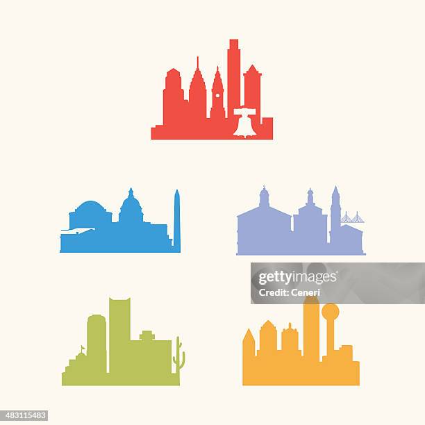 five united states cities skyline - philadelphia pennsylvania stock illustrations