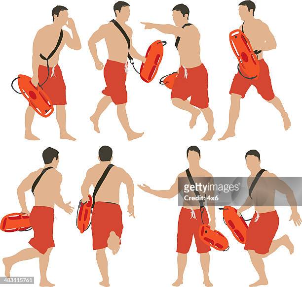 lifeguard running - man swimming in water stock illustrations