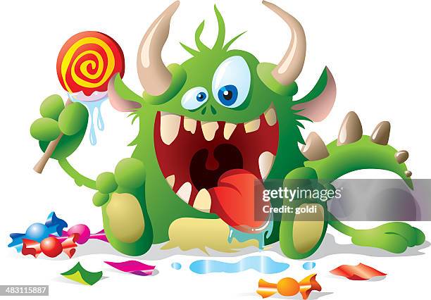 monster kid with candies - monsters stock illustrations