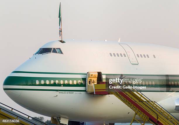 Prince Al-Waleed bin Talal, his wife and security party board his private plane on August 5, 2015 in Bratislava, Slovakia. The Prince was in the...