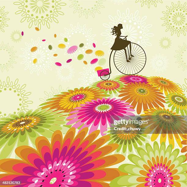 illustrations, cliparts, dessins animés et icônes de printemps à vélo - femme printemps