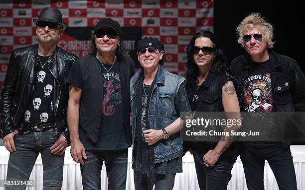 Rudolf Schenker, Matthias Jabs, Klaus Meine, Pawe©© Maciwoda and James Kottak of Scorpions attend the press conference to celebrate 50th anniversary...