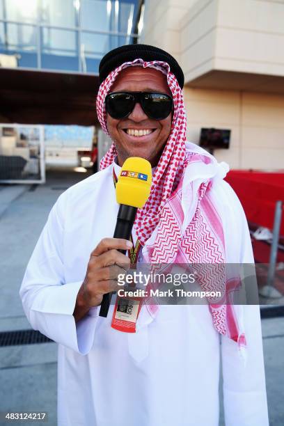 Television presenter Kai Ebel wears traditional dress before the Bahrain Formula One Grand Prix at the Bahrain International Circuit on April 6, 2014...