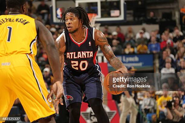 Cartier Martin of the Atlanta Hawks handles the ball against the Indiana Pacers at Bankers Life Fieldhouse on April 6, 2014 in Indianapolis, Indiana....