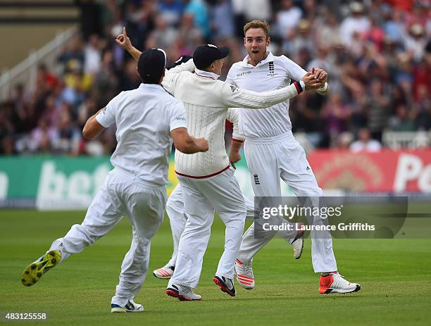 Stuart Broad of England celebrates the wicket of Adam Voges of Australia during day one of the 4th Investec Ashes Test match between England and...