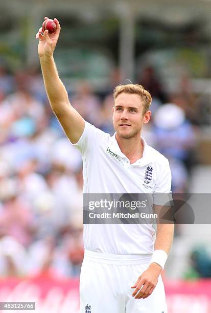 Stuart Broad of England celebrates taking the five wickets during day one of the 4th Investec Ashes Test match between England and Australia at Trent...