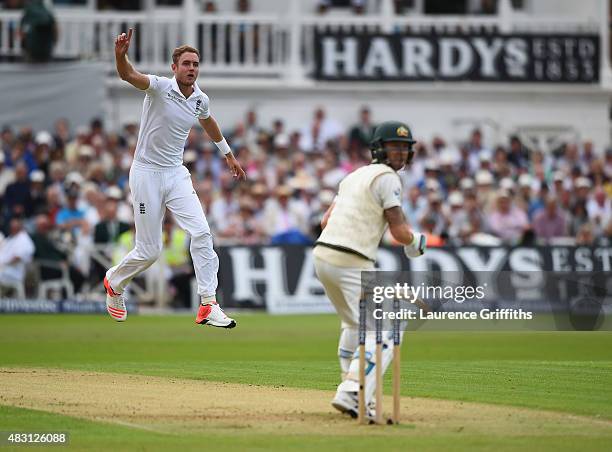 Stuart Broad of England celebrates taking his fifth wicket that of Michael Clarke of Australia during day one of the 4th Investec Ashes Test match...