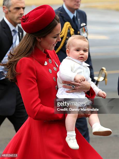 Prince George of Cambridge and Catherine, Duchess of Cambridge arrive in New Zealand at Wellington Airport on April 7, 2014 in Wellington, New...