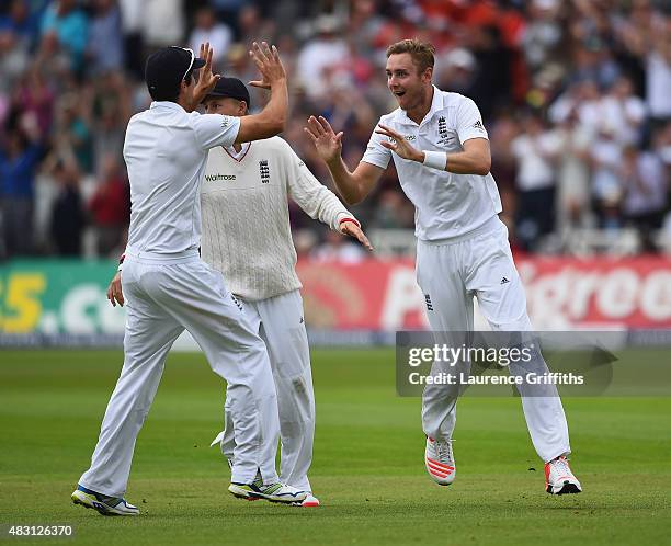 Stuart Broad of England celebrates the wicket of Adam Voges of Australia during day one of the 4th Investec Ashes Test match between England and...