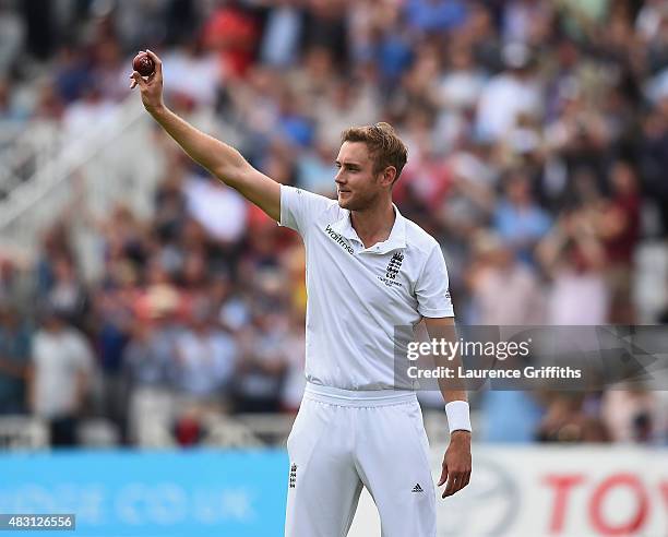 Stuart Broad of England celebrates taking his fifth wicket that of Michael Clarke of Australia during day one of the 4th Investec Ashes Test match...