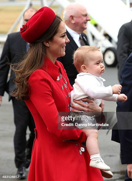Prince George of Cambridge and Catherine, Duchess of Cambridge arrive in New Zealand at Wellington Airport on April 7, 2014 in Wellington, New...