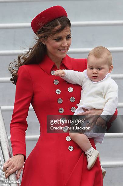 Catherine, Duchess of Cambridge and Prince George of Cambridge arrive at Wellington Military Terminal on an RNZAF 757 from Sydney on April 7, 2014 in...