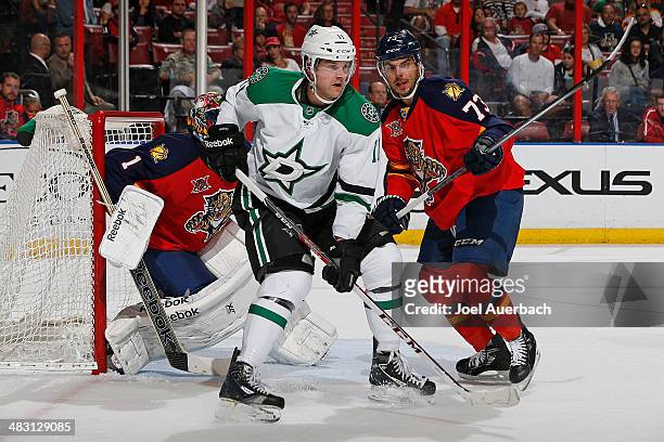 Brandon Pirri goaltender Roberto Luongo of the Florida Panthers defends against Dustin Jeffrey of the Dallas Stars at the BB&T Center on April 6,...