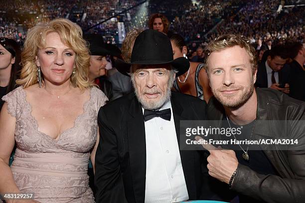 Theresa Ann Lane, recording artist Merle Haggard and recording artist Dierks Bentley attend the 49th Annual Academy of Country Music Awards at the...