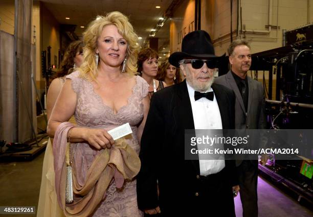 Singer/songwriter Merle Haggard and wife Theresa Ann Lane attend the 49th Annual Academy of Country Music Awards at the MGM Grand Garden Arena on...