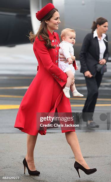 Catherine, Duchess of Cambridge and Prince George of Cambridge arrive at Wellington Military Terminal on an RNZAF 757 from Sydney on April 7, 2014 in...