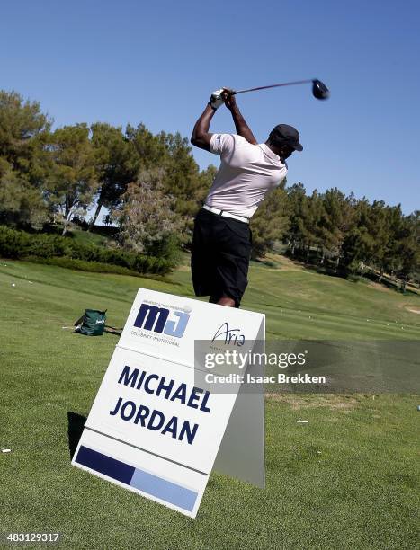 Legend Michael Jordan hits on the driving range during Aria Resort & Casino's 13th Annual Michael Jordan Celebrity Invitational at Shadow Creek on...