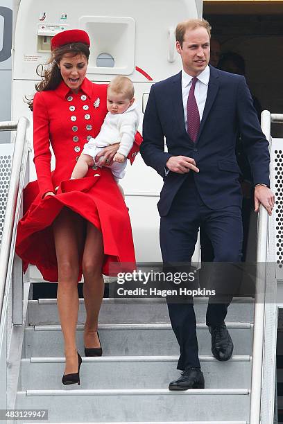 Prince William, Duke of Cambridge, Catherine, Duchess of Cambridge and Prince George of Cambridge arrive at Wellington Airport on April 7, 2014 in...