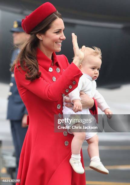 Catherine, Duchess of Cambridge and Prince George of Cambridge arrive at Wellington Military Terminal on an RNZAF 757 from Sydney on April 7, 2014 in...