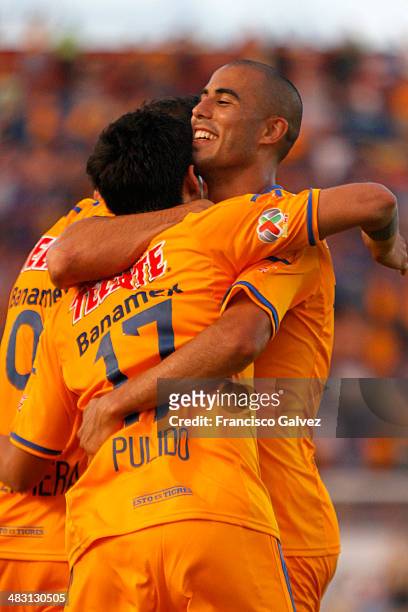 Alan Pulido of Tigres celebrates after scoring during a match between Atlante and Tigres as part of 14th round of Torneo Clausura 2014, Liga MX at...