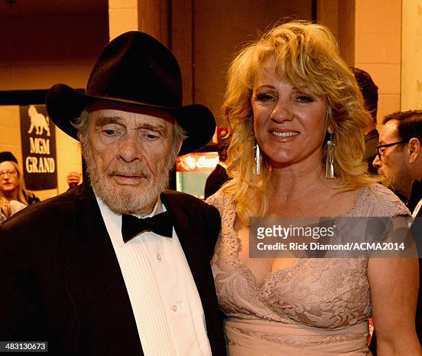 Honoree Merle Haggard and Theresa Ann Lane attend the 49th Annual Academy of Country Music Awards at the MGM Grand Garden Arena on April 6, 2014 in...