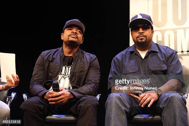 Gary Gray and Ice Cube speak onstage at the "Straight Outta Compton" New York Screening at Florence Gould Hall Theater on August 5 in New York City.