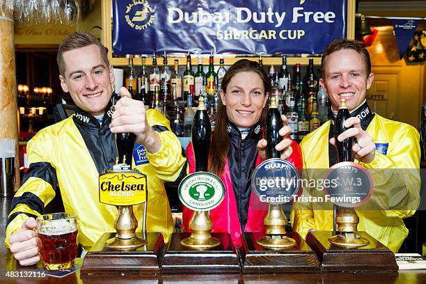 Blake Shinn, Emma Jayne Wilson and Kerrin McEvoy attend the Dubai Duty Free Shergar Cup media event at The Sydney Arms on August 6, 2015 in London,...