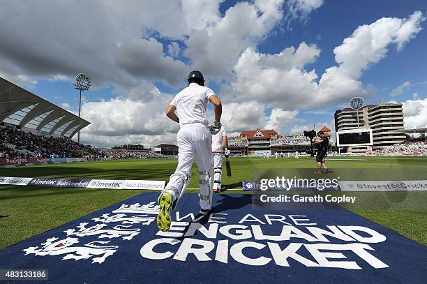 England captain Alastair Cook and Adam Lyth run out to bat during day one of the 4th Investec Ashes Test match between England and Australia at Trent...