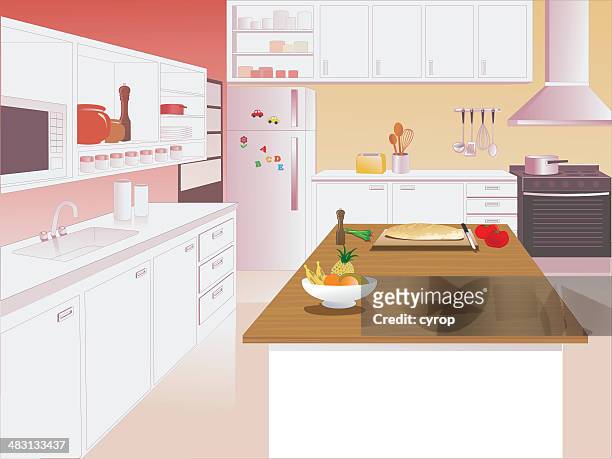 ilustrações de stock, clip art, desenhos animados e ícones de interior de cozinha com pia e forno microondas, - número magnético
