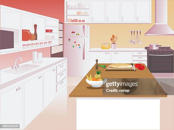 bildbanksillustrationer, clip art samt tecknat material och ikoner med kitchen interior with microwave, sink and oven - magnetsiffra