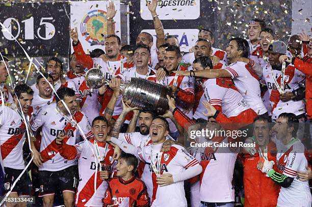 Players of River Plate lift the Copa Libertadores trophy after the final match between River Plate and Tigres UANL as part of Copa Bridgestone...