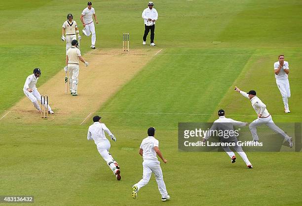 Stuart Broad of England celebrates the wicket of Adam Voges of Australia caught by Ben Stokes for 1 run during day one of the 4th Investec Ashes Test...