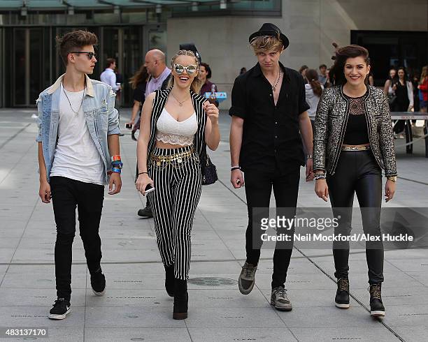 Charlie George, Betsy-Blue English, Mikey Bromley and Parisa Tarjomani from X Factor group 'Only The Young' seen at BBC Radio One on August 6, 2015...