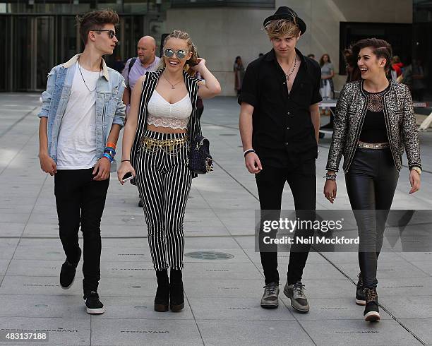 Charlie George, Betsy-Blue English, Mikey Bromley and Parisa Tarjomani from X Factor group 'Only The Young' seen at BBC Radio One on August 6, 2015...