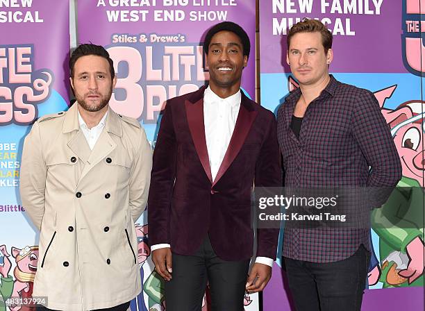 Antony Costa, Simon Webbe and Lee Ryan attend a VIP performance of "The Three Little Pigs" at Palace Theatre on August 6, 2015 in London, England.