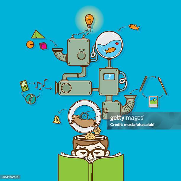 reading book and creative thinking - children sharing ideas stock illustrations