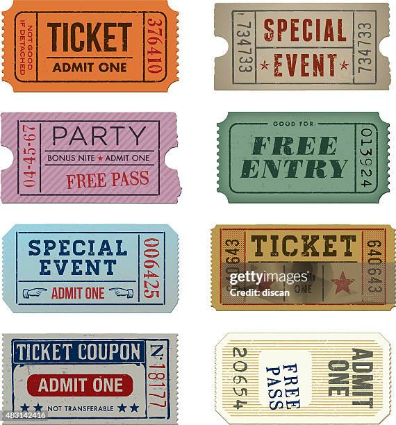 ilustraciones, imágenes clip art, dibujos animados e iconos de stock de entradas colección de grunge-ilustración - admit one frase corta