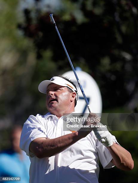 Former MLB player Roger Clemens hits a tee shot during Aria Resort & Casino's 13th Annual Michael Jordan Celebrity Invitational at Shadow Creek on...