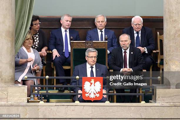 Outgoing President, Bronislaw Komorowski, attends the swearing-in of the new President of Poland, Andrzej Duda, on August 6, 2015 at the Parliament...