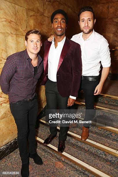 Lee Ryan, cast member Simon Webbe and Antony Costa attend the VIP performance of "The 3 Little Pigs" at The Palace Theatre on August 6, 2015 in...