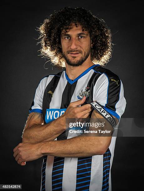 Fabricio Coloccini poses for photos wearing the captain's arm band for the 2015/16 season during a Newcastle United Training session at The Newcastle...