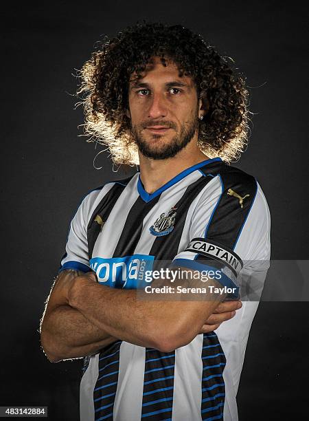 Fabricio Coloccini poses for photos wearing the captain's arm band for the 2015/16 season during a Newcastle United Training session at The Newcastle...