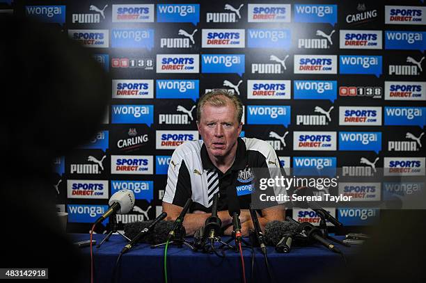 Head Coach Steve McClaren sits down in front of advertising boards to start his first press conference at The Newcastle United Training Centre on...