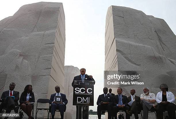 Martin Luther King III speaks during a rally at the Dr. Martin Luther King Jr. Memorial during a rally to commemorate the 50th anniversary of the...