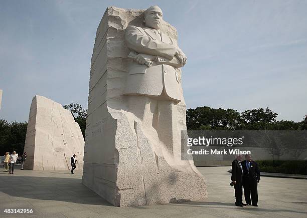 Martin Luther King III and Independant presidential candidate Sen. Bernie Sanders stand in front of the Dr. Martin Luther King Jr. Memorial during a...