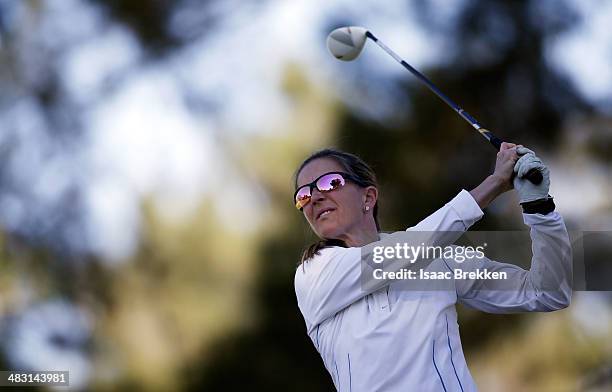 Soccor player Brandi Chastain hits a tee shot during Aria Resort & Casino's 13th Annual Michael Jordan Celebrity Invitational at Shadow Creek on...