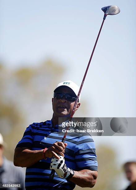 Former MLB player Ozzie Smith watches his shot during Aria Resort & Casino's 13th Annual Michael Jordan Celebrity Invitational at Shadow Creek on...