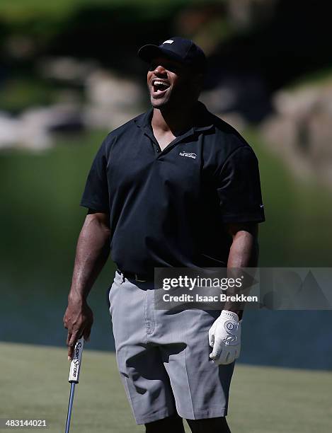 Former NFL player Dwight Freeney laughs during Aria Resort & Casino's 13th Annual Michael Jordan Celebrity Invitational at Shadow Creek on April 6,...